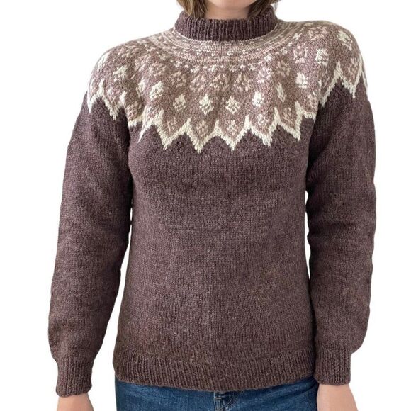 Vintage Womens Hand Knit 100% Wool Brown Fair Isle Scandinavian Sweater Sz M - Picture 7 of 10